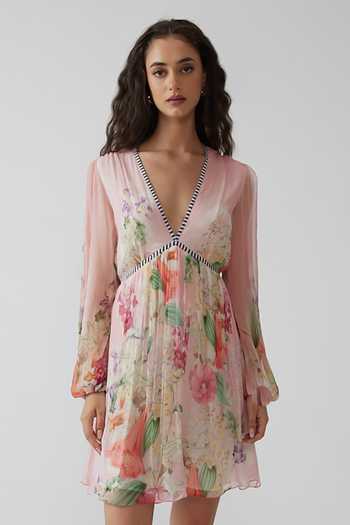 Reena Sharma_Pink Chiffon, Viscose, Crinkle V-, Plunge Keya Short Dress _Online_at_Aza_Fashions