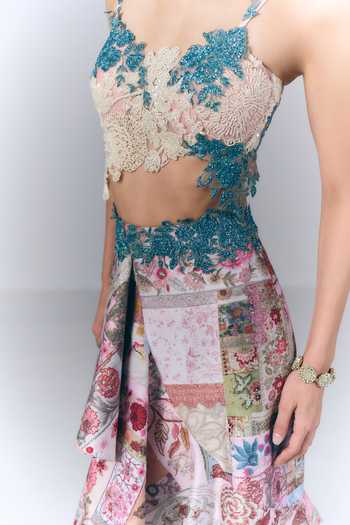 Buy_Varun Bahl_Multi Color Dupion, Polyester Printed Top And Asymmetric Skirt Set _Online_at_Aza_Fashions