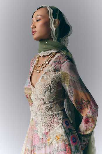 Buy_Varun Bahl_Multi Color Georgette Plunge Neck Patchwork Embroidered Anarkali With Dupatta _Online_at_Aza_Fashions