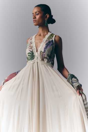 Varun Bahl Ivory Georgette V-neck Botanical Print Anarkali With Dupatta Online at Aza Fashions Varun Bahl_Ivory Georgette V-neck Botanical Print Anarkali With Dupatta _Online_at_Aza_Fashions