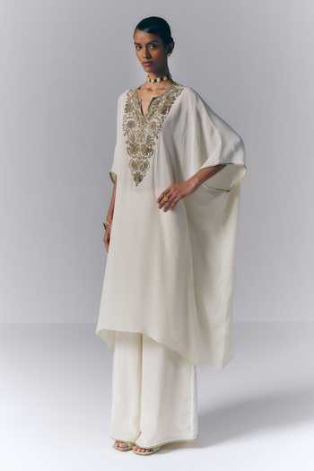 Buy Varun Bahl Ivory Satin Split V-neck Yoke Embroidered Kaftan And Pant Set Online at Aza Fashions Buy_Varun Bahl_Ivory Satin Split V-neck Yoke Embroidered Kaftan And Pant Set _Online_at_Aza_Fashions