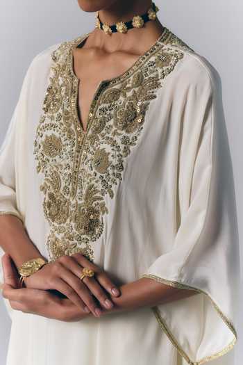 Shop Varun Bahl Ivory Satin Split V-neck Yoke Embroidered Kaftan And Pant Set Online at Aza Fashions Shop_Varun Bahl_Ivory Satin Split V-neck Yoke Embroidered Kaftan And Pant Set _Online_at_Aza_Fashions