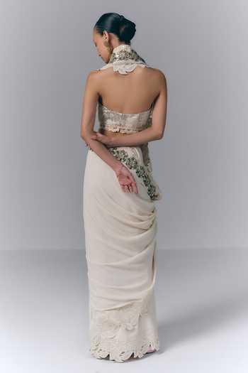 Varun Bahl Ivory Pearl Embellished Saree With Blouse