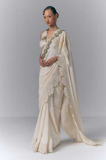 Varun Bahl Ivory Crepe Halter Neck Pearl Embellished Saree With Blouse Online at Aza Fashions Varun Bahl_Ivory Crepe Halter Neck Pearl Embellished Saree With Blouse _Online_at_Aza_Fashions