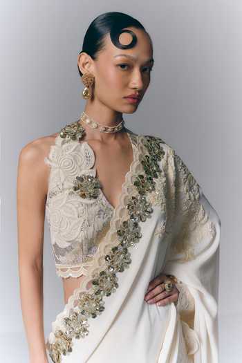 Buy Varun Bahl Ivory Crepe Halter Neck Pearl Embellished Saree With Blouse Online at Aza Fashions Buy_Varun Bahl_Ivory Crepe Halter Neck Pearl Embellished Saree With Blouse _Online_at_Aza_Fashions