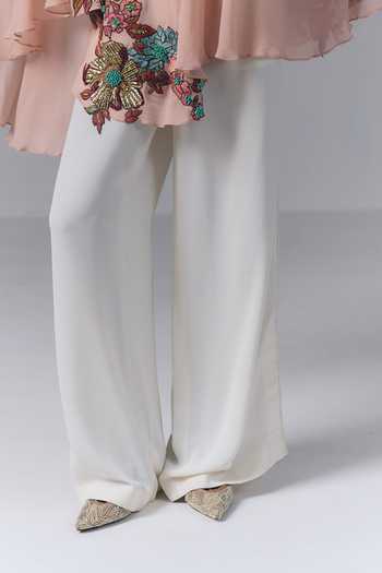 Buy_Varun Bahl_Peach Georgette, Microfiber One Shoulder Petal Embroidered Kaftan And Pant Set _Online_at_Aza_Fashions
