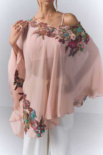 Shop_Varun Bahl_Peach Georgette, Microfiber One Shoulder Petal Embroidered Kaftan And Pant Set _Online_at_Aza_Fashions