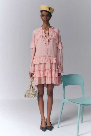 Varun Bahl_Peach Viscose Georgette Keyhole Neck Tiered Short Dress _Online_at_Aza_Fashions