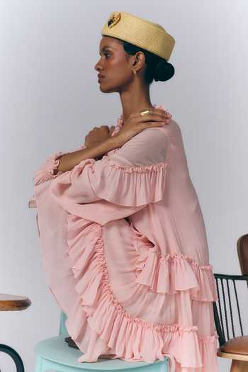 Buy_Varun Bahl_Peach Viscose Georgette Keyhole Neck Tiered Short Dress _Online_at_Aza_Fashions