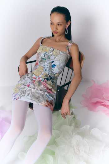 Varun Bahl_Blue Dupion Square Neck Printed And Embroidered Short Dress _Online_at_Aza_Fashions