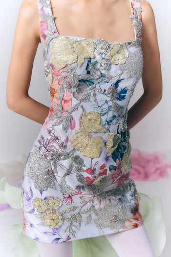 Buy_Varun Bahl_Blue Dupion Square Neck Printed And Embroidered Short Dress _Online_at_Aza_Fashions