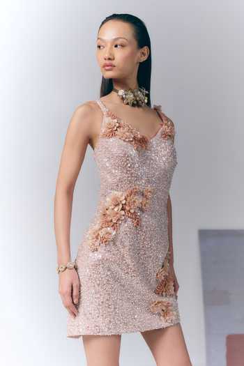 Varun Bahl_Peach Net Sweetheart Neck Floral Embellished Dress _Online_at_Aza_Fashions