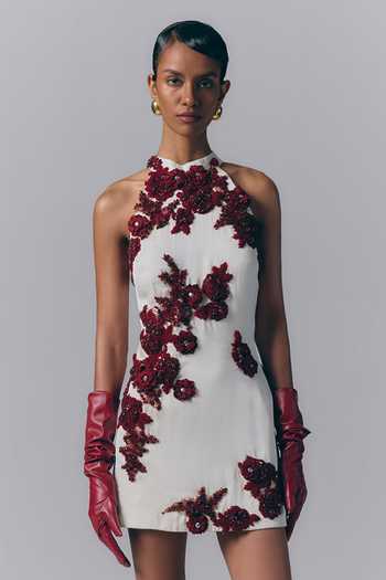 Varun Bahl_White Satin, Modal Halter Neck Crimson Bloom Mini Dress _Online_at_Aza_Fashions