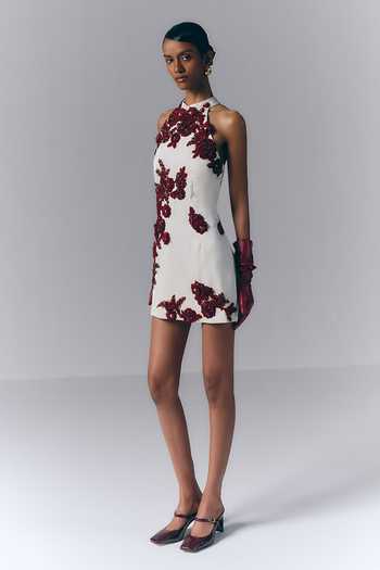 Buy_Varun Bahl_White Satin, Modal Halter Neck Crimson Bloom Mini Dress _Online_at_Aza_Fashions