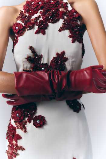 Shop_Varun Bahl_White Satin, Modal Halter Neck Crimson Bloom Mini Dress _Online_at_Aza_Fashions