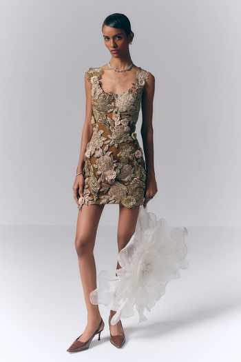 Varun Bahl_Brown Net Square Neck Metallic Embroidered Dress _Online_at_Aza_Fashions