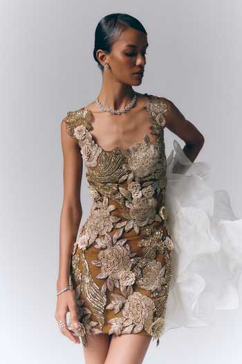 Buy_Varun Bahl_Brown Net Square Neck Metallic Embroidered Dress _Online_at_Aza_Fashions