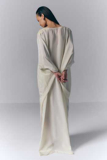 Shop Varun Bahl Ivory Crepe, Viscose V-neck Whisper Embroidered Kaftan at Aza Fashions Shop_Varun Bahl_Ivory Crepe, Viscose V-neck Whisper Embroidered Kaftan _at_Aza_Fashions