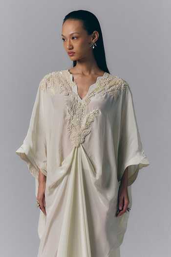 Buy Varun Bahl Ivory Crepe, Viscose V-neck Whisper Embroidered Kaftan Online at Aza Fashions Buy_Varun Bahl_Ivory Crepe, Viscose V-neck Whisper Embroidered Kaftan _Online_at_Aza_Fashions