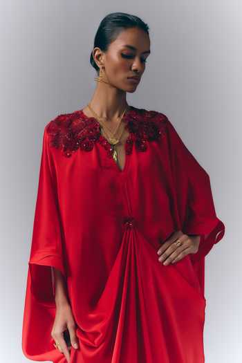 Varun Bahl Red Satin, Chiffon V-neck Crimson Draped Kaftan Online at Aza Fashions Varun Bahl_Red Satin, Chiffon V-neck Crimson Draped Kaftan _Online_at_Aza_Fashions