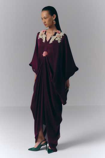 Varun Bahl Purple Satin, Chiffon V-neck Yoke Embroidered Draped Kaftan Online at Aza Fashions Varun Bahl_Purple Satin, Chiffon V-neck Yoke Embroidered Draped Kaftan _Online_at_Aza_Fashions