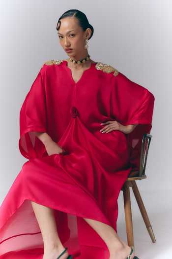 Varun Bahl Pink Satin, Chiffon V-neck Applique Work Draped Kaftan Online at Aza Fashions Varun Bahl_Pink Satin, Chiffon V-neck Applique Work Draped Kaftan _Online_at_Aza_Fashions