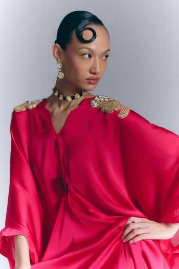 Buy Varun Bahl Pink Satin, Chiffon V-neck Applique Work Draped Kaftan Online at Aza Fashions Buy_Varun Bahl_Pink Satin, Chiffon V-neck Applique Work Draped Kaftan _Online_at_Aza_Fashions