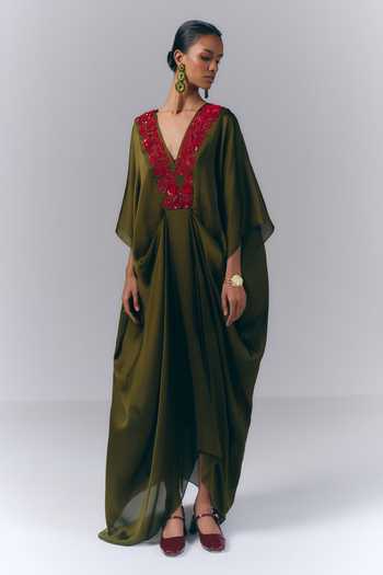 Varun Bahl Olive Green Satin, Chiffon V-neck Neckline Embroidered Draped Kaftan Online at Aza Fashions Varun Bahl_Olive Green Satin, Chiffon V-neck Neckline Embroidered Draped Kaftan _Online_at_Aza_Fashions
