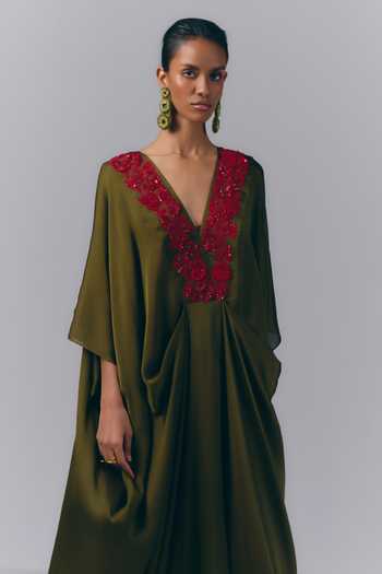 Buy Varun Bahl Olive Green Satin, Chiffon V-neck Neckline Embroidered Draped Kaftan Online at Aza Fashions Buy_Varun Bahl_Olive Green Satin, Chiffon V-neck Neckline Embroidered Draped Kaftan _Online_at_Aza_Fashions