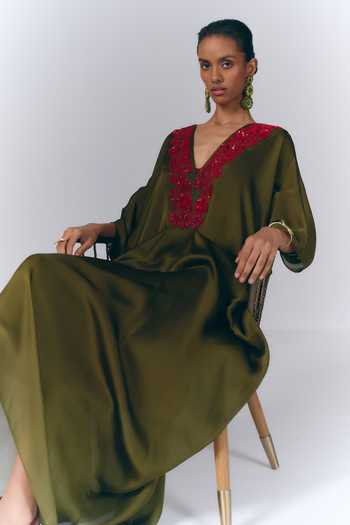 Shop Varun Bahl Olive Green Satin, Chiffon V-neck Neckline Embroidered Draped Kaftan Online at Aza Fashions Shop_Varun Bahl_Olive Green Satin, Chiffon V-neck Neckline Embroidered Draped Kaftan _Online_at_Aza_Fashions