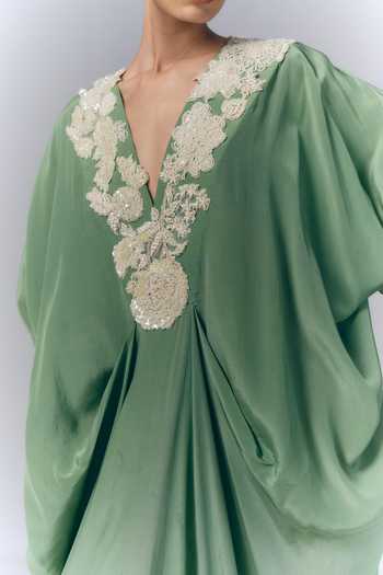 Varun Bahl Green Satin, Chiffon V-, Plunge Placement Embroidered Draped Kaftan Online at Aza Fashions Varun Bahl_Green Satin, Chiffon V-, Plunge Placement Embroidered Draped Kaftan _Online_at_Aza_Fashions