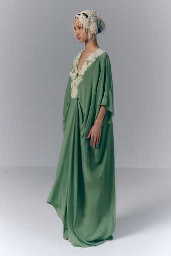 Buy Varun Bahl Green Satin, Chiffon V-, Plunge Placement Embroidered Draped Kaftan Online at Aza Fashions Buy_Varun Bahl_Green Satin, Chiffon V-, Plunge Placement Embroidered Draped Kaftan _Online_at_Aza_Fashions