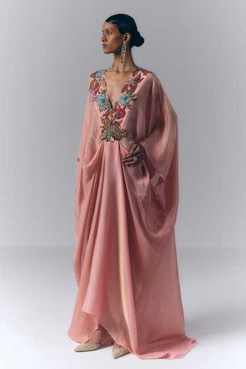 Varun Bahl Peach Crepe, Viscose V-neck Petal Whisper Embroidered Kaftan Online at Aza Fashions Varun Bahl_Peach Crepe, Viscose V-neck Petal Whisper Embroidered Kaftan _Online_at_Aza_Fashions