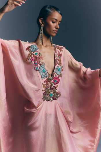 Buy Varun Bahl Peach Crepe, Viscose V-neck Petal Whisper Embroidered Kaftan Online at Aza Fashions Buy_Varun Bahl_Peach Crepe, Viscose V-neck Petal Whisper Embroidered Kaftan _Online_at_Aza_Fashions