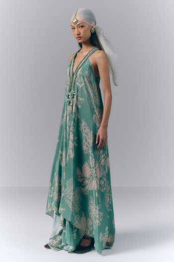 Varun Bahl Green Georgette V-, Halter Aqua Whisper Printed Kaftan Online at Aza Fashions Varun Bahl_Green Georgette V-, Halter Aqua Whisper Printed Kaftan _Online_at_Aza_Fashions