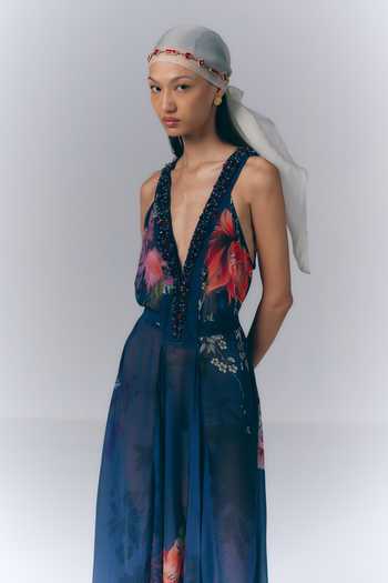 Varun Bahl Blue Chiffon Plunge Neck Midnight Floral Print Kaftan Online at Aza Fashions Varun Bahl_Blue Chiffon Plunge Neck Midnight Floral Print Kaftan _Online_at_Aza_Fashions