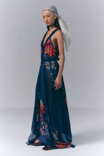 Buy Varun Bahl Blue Chiffon Plunge Neck Midnight Floral Print Kaftan Online at Aza Fashions Buy_Varun Bahl_Blue Chiffon Plunge Neck Midnight Floral Print Kaftan _Online_at_Aza_Fashions