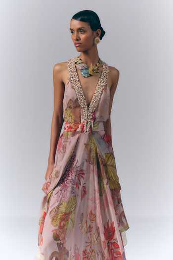 Varun Bahl Pink Chiffon Plunge Neck Floral Mirage Print Kaftan Online at Aza Fashions Varun Bahl_Pink Chiffon Plunge Neck Floral Mirage Print Kaftan _Online_at_Aza_Fashions
