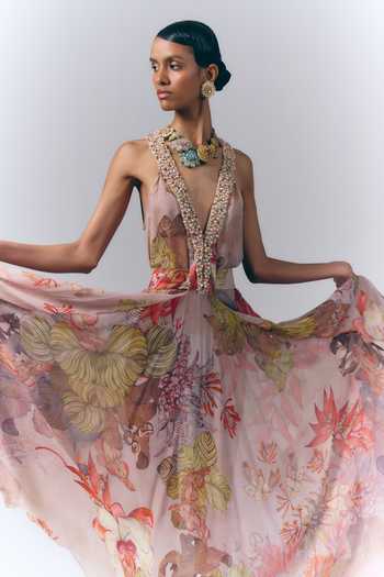Buy Varun Bahl Pink Chiffon Plunge Neck Floral Mirage Print Kaftan Online at Aza Fashions Buy_Varun Bahl_Pink Chiffon Plunge Neck Floral Mirage Print Kaftan _Online_at_Aza_Fashions