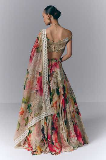 Shop Varun Bahl Multi Color Organza, Georgette Off-shoulder Printed Lehenga Set at Aza Fashions Shop_Varun Bahl_Multi Color Organza, Georgette Off-shoulder Printed Lehenga Set _at_Aza_Fashions