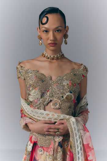 Varun Bahl Multi Color Organza, Georgette Off-shoulder Printed Lehenga Set Online at Aza Fashions Varun Bahl_Multi Color Organza, Georgette Off-shoulder Printed Lehenga Set _Online_at_Aza_Fashions
