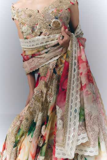 Shop Varun Bahl Multi Color Organza, Georgette Off-shoulder Printed Lehenga Set Online at Aza Fashions Shop_Varun Bahl_Multi Color Organza, Georgette Off-shoulder Printed Lehenga Set _Online_at_Aza_Fashions