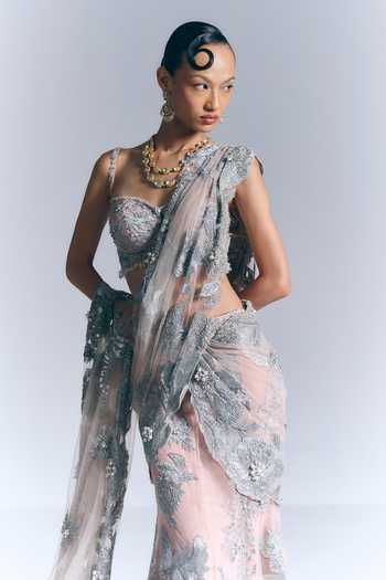 Varun Bahl Pink Net Sweetheart Neck Noor Embroidered Pre-draped Saree With Blouse Online at Aza Fashions Varun Bahl_Pink Net Sweetheart Neck Noor Embroidered Pre-draped Saree With Blouse _Online_at_Aza_Fashions