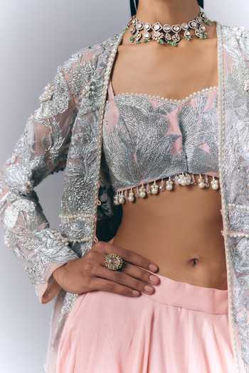 Varun Bahl Pink Chanderi, Net Open , Square Embellished Long Jacket Skirt Set Online at Aza Fashions Varun Bahl_Pink Chanderi, Net Open , Square Embellished Long Jacket Skirt Set _Online_at_Aza_Fashions