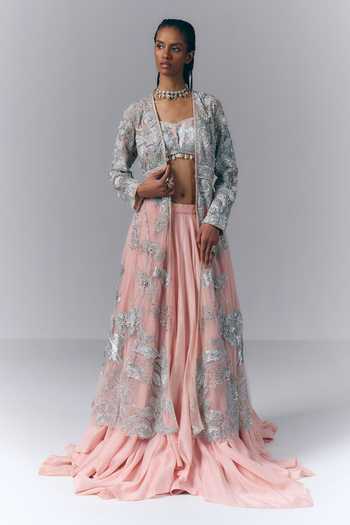 Buy Varun Bahl Pink Chanderi, Net Open , Square Embellished Long Jacket Skirt Set Online at Aza Fashions Buy_Varun Bahl_Pink Chanderi, Net Open , Square Embellished Long Jacket Skirt Set _Online_at_Aza_Fashions