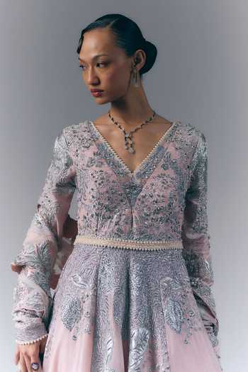 Varun Bahl Pink Viscose, Tissue V-neck Garden Embroidered Anarkali With Dupatta Online at Aza Fashions Varun Bahl_Pink Viscose, Tissue V-neck Garden Embroidered Anarkali With Dupatta _Online_at_Aza_Fashions