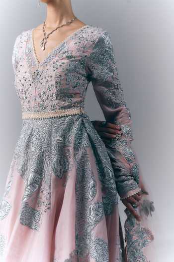 Buy Varun Bahl Pink Viscose, Tissue V-neck Garden Embroidered Anarkali With Dupatta Online at Aza Fashions Buy_Varun Bahl_Pink Viscose, Tissue V-neck Garden Embroidered Anarkali With Dupatta _Online_at_Aza_Fashions