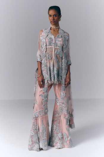 Varun Bahl Pink Net Halter Neck Aurora Embroidered Peplum Top Sharara Set Online at Aza Fashions Varun Bahl_Pink Net Halter Neck Aurora Embroidered Peplum Top Sharara Set _Online_at_Aza_Fashions
