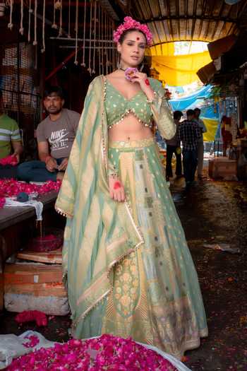 Shop_Soniya G_Green Silk V-neck Banarasi Woven Lehenga Set _Online_at_Aza_Fashions