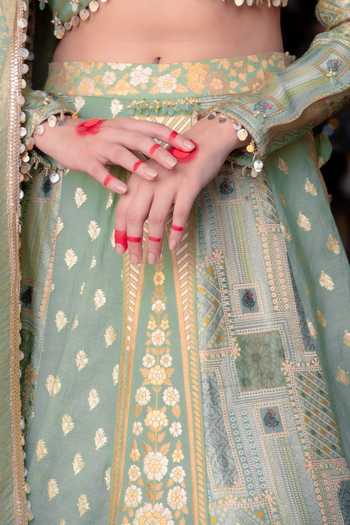 Soniya G_Green Silk V-neck Banarasi Woven Lehenga Set _at_Aza_Fashions
